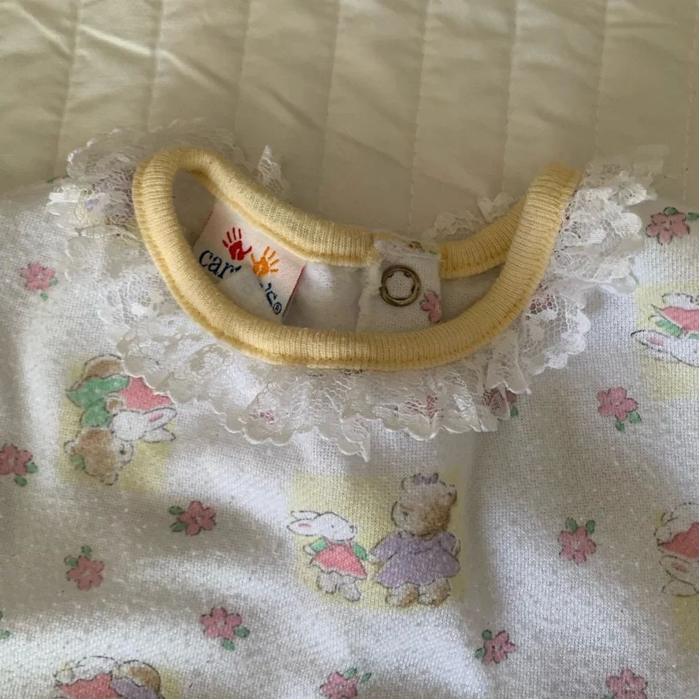 Vintage Carter's Pajama Set Girls 18-24M White Top Pants Snap Waist Bunny Flower